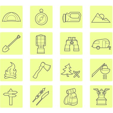 Camping equipment and outdoor travel icons set clipart