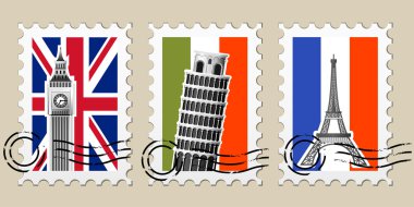 Three Postmarks with sights of Europe and stamps clipart