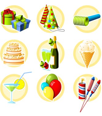 Birthday and celebration objects icon set clipart