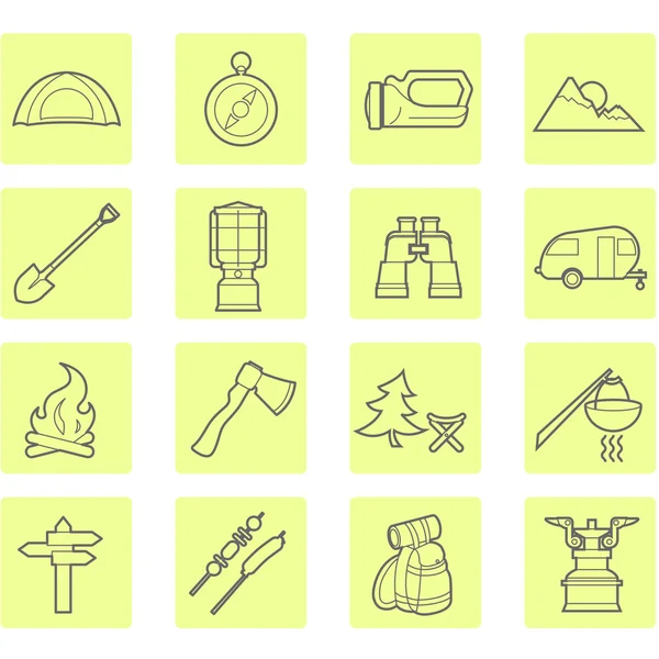 Set di attrezzature da campeggio e icone da viaggio all'aperto — Vettoriale Stock