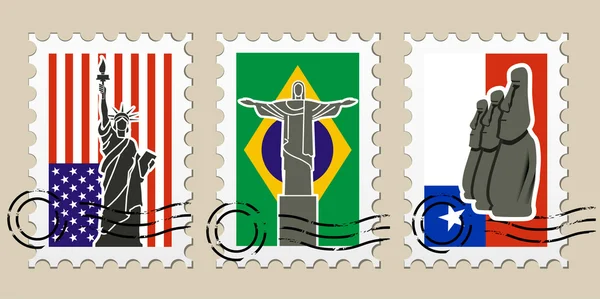 Tre timbri postali con luoghi d'America e francobolli — Vettoriale Stock