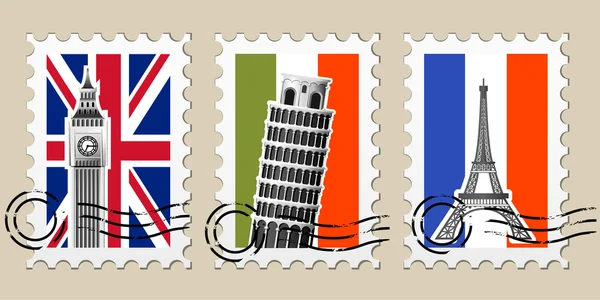 Três marcas postais com pontos turísticos da Europa e selos — Vetor de Stock