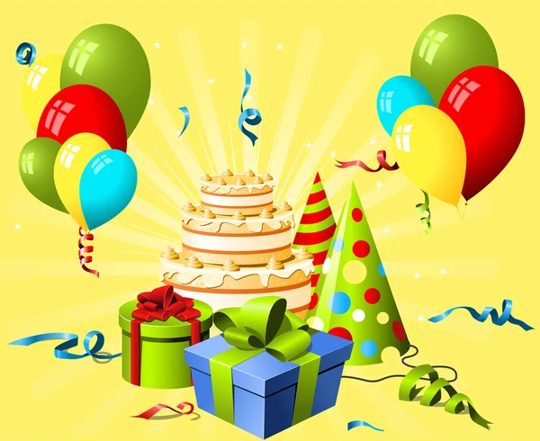 Шляпа на день рождения, подарок и торт на желтом фоне — стоковый вектор