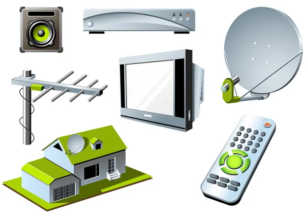 Sistema de TV - control remoto, televisor y satélite — Vector de stock