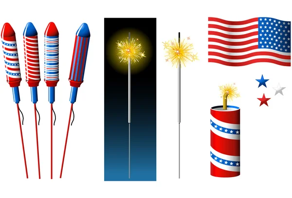 Fuochi d'artificio vettoriali, scintillante e bandiera americana — Vettoriale Stock