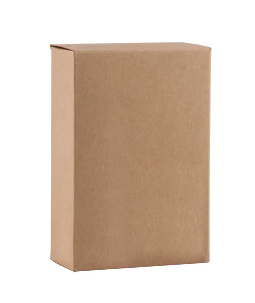 Caja de producto marrón en blanco con espacio de copia frontal —  Fotos de Stock