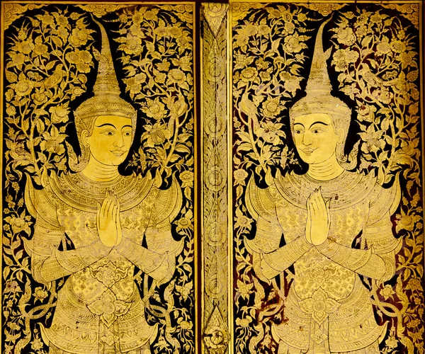 Temple Door Art, en Wat Phra Singha, Chiangmai Tailandia Fotos de stock libres de derechos