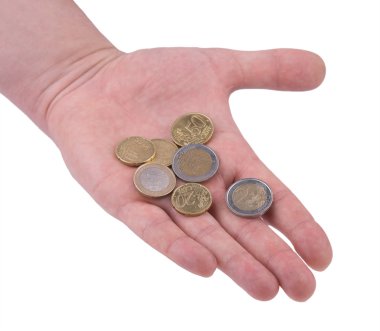 Hand with coins on white background clipart