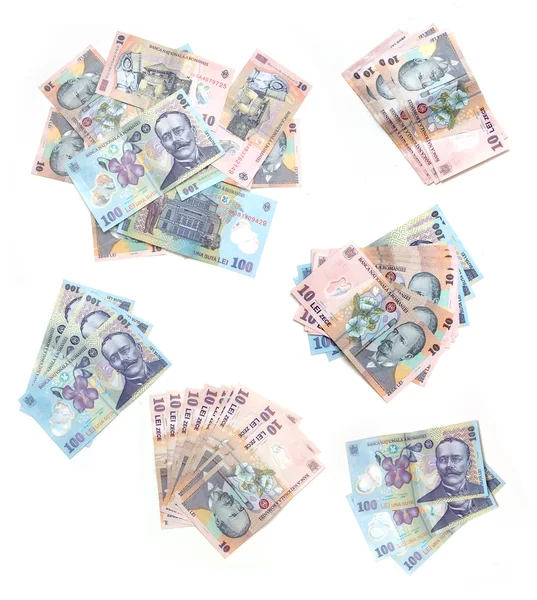 Geassorteerde stapels van Roemeense geld — Stockfoto