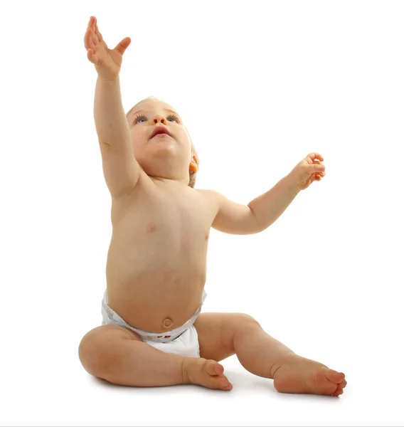 Baby sitting and pointing up — Stock Photo, Image