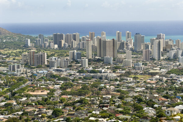 Honolulu skyline showing all the sky scrpers and ocean in the background