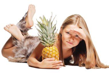 Bright picture of girl with pineapple looking to camera. On whit clipart