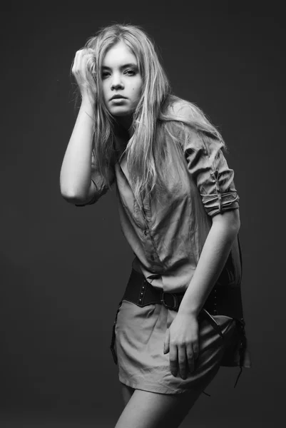 Seductive fashion portrait of young woman on dark background — Stock Photo, Image