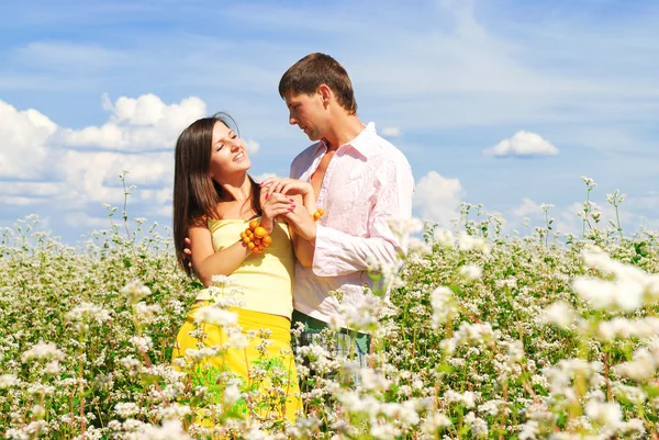 Szczęśliwa para na trawniku lato — Zdjęcie stockowe