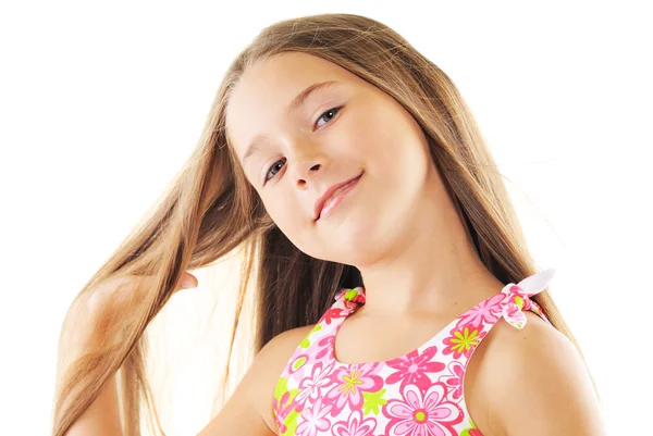 Heldere portret van blond klein meisje op wit — Stockfoto