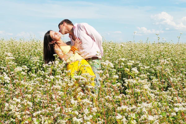Ungt par spelar på fält av blommor i solig dag — Stockfoto