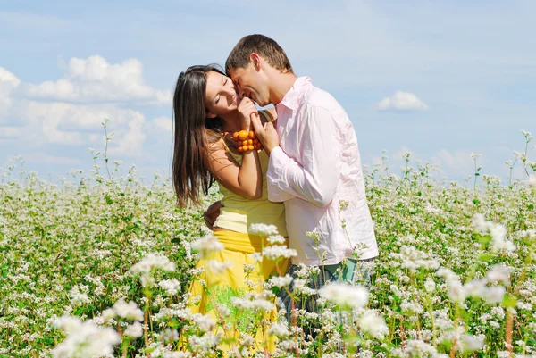 Junges Paar auf einem Blumenfeld — Stockfoto