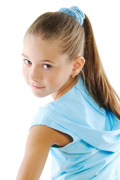 Μικρό κορίτσι σε μπλε αθλητικά ενδύματα — Φωτογραφία Αρχείου
