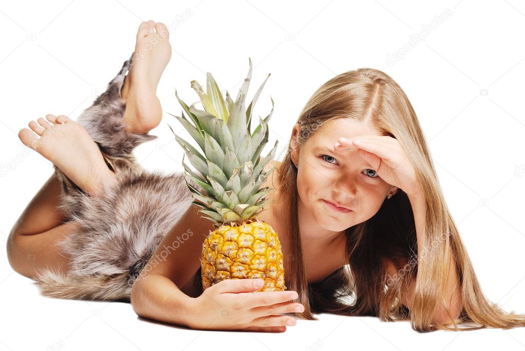 Bright picture of girl with pineapple looking to camera. On whit