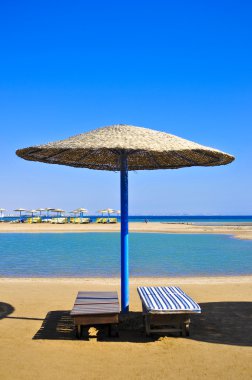 Mısır'ın plaj üzerinde hasır şemsiyeler