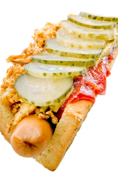 Hot-dog with cucumber — Stock Photo, Image
