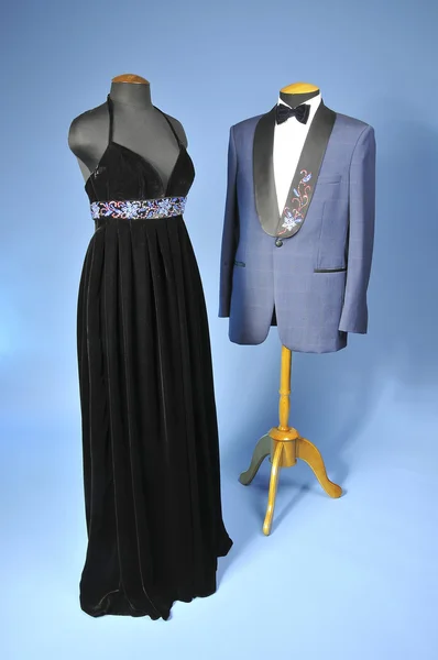 Luxurious black dress and blue dinner jacket with bow-tie — Stock Photo, Image