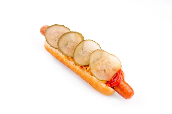 Hotdog with onion and cucumber — Stock Photo, Image