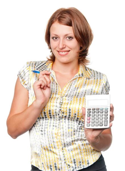 Усміхнена молода бізнес-леді з ручкою і калькулятором — стокове фото