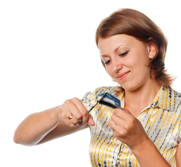 Ragazza taglia una carta di credito, rifiuto di accreditamento — Foto Stock