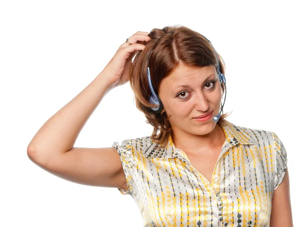 Menina cuidadosa com fones de ouvido e um microfone — Fotografia de Stock