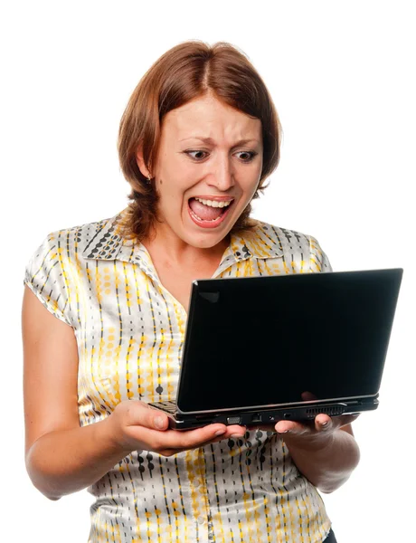 Emotional girl with laptop — Stock Photo, Image