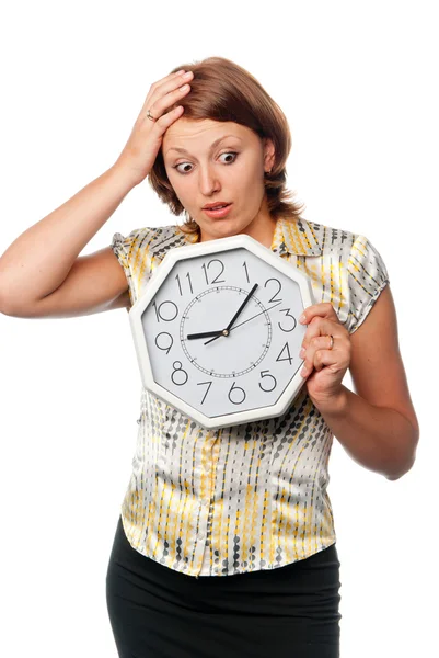Emotional girl with the clock: "I am late!" — Stock Photo, Image