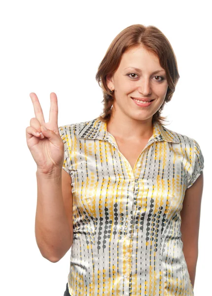 Girl shows a sign "victory" — Stock Photo, Image