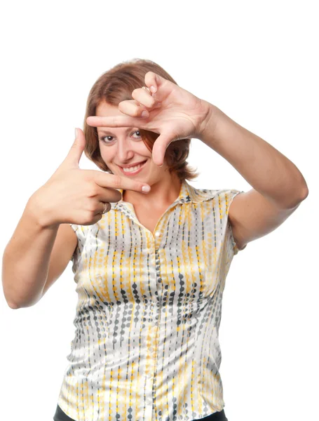Lachende meisje toont gebaar "camera" — Stockfoto