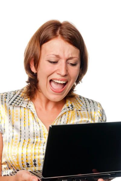 Flickan med den bärbara datorn skriker högljutt — Stockfoto