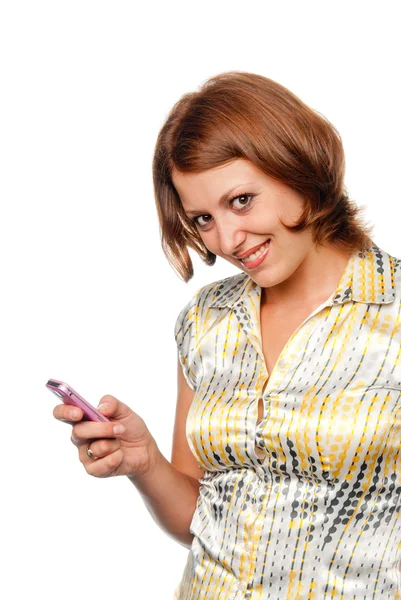 Menina sorridente com um telefone celular — Fotografia de Stock
