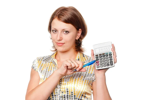 Молода бізнес-леді з ручкою і калькулятором — стокове фото