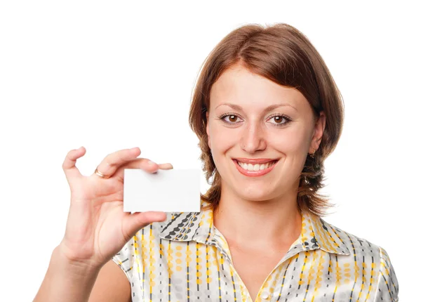 Усміхнена дівчина тримає порожню картку — стокове фото