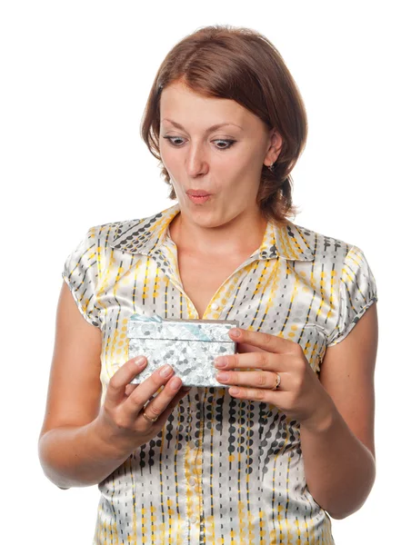 Surprised girl with gift — Stock Photo, Image