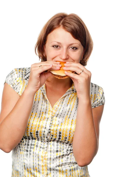 Menina come um hambúrguer — Fotografia de Stock