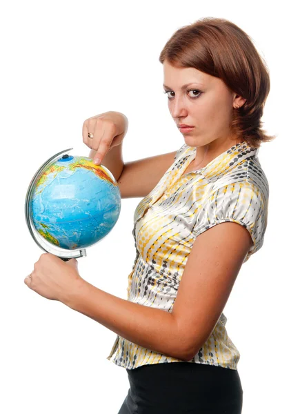 Girl shows on the globe — Stock Photo, Image