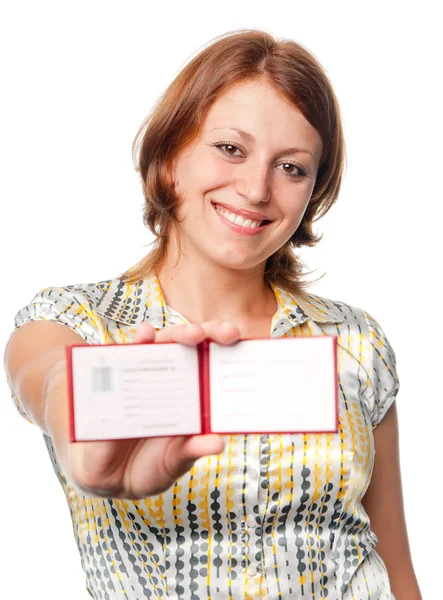 Sonriente chica tiene el certificado — Foto de Stock