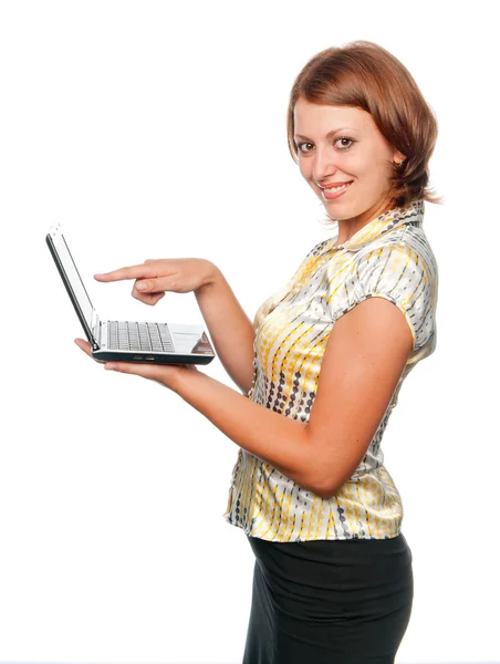 Усміхнена дівчина з ноутбуком — стокове фото