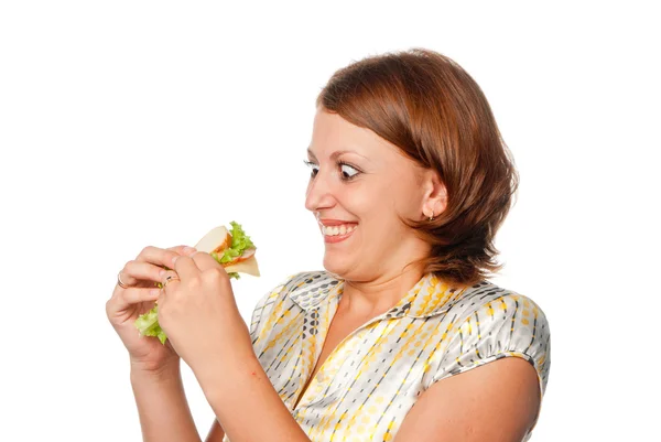 Very hungry girl and sandwich — Stock Photo, Image
