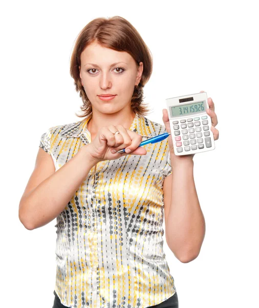 Молода бізнес-леді з ручкою і калькулятором — стокове фото