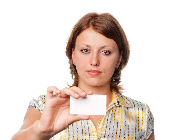 Girl holds blank card — Stock Photo, Image