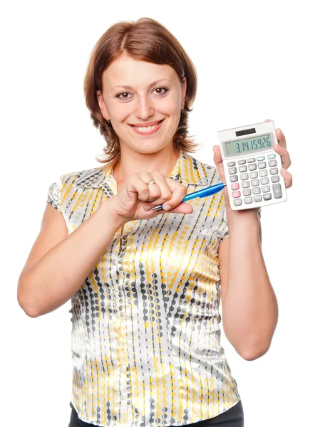 Jovem empresária com caneta e calculadora — Fotografia de Stock