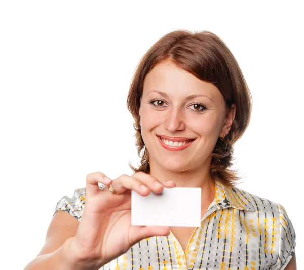 Smiling girl holds blank card — Stock Photo, Image