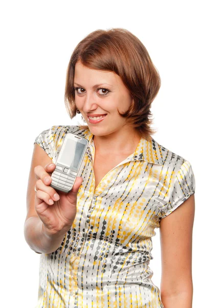 Lachende meisje met een mobiele telefoon — Stockfoto