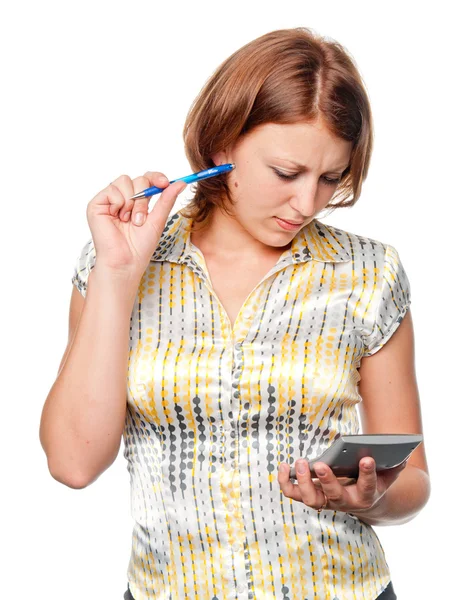 Young businesswoman with pen and calculator — Stock Photo, Image